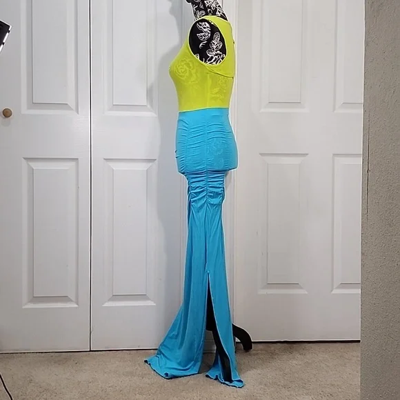 Bebe Neon Green And Teal Ruched Maxi Dress S - Picture 4 of 10
